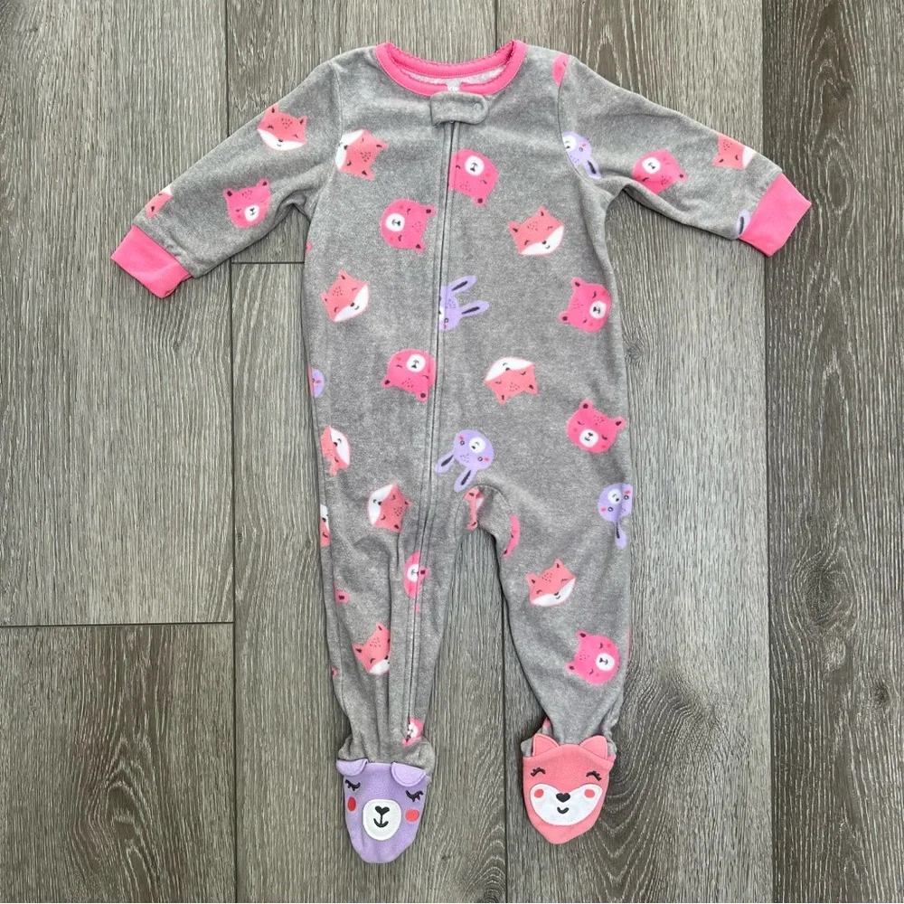 CARTERS FLEECE ZIP UP FOOTED SLEEPER ANIMALS GREY 12MO